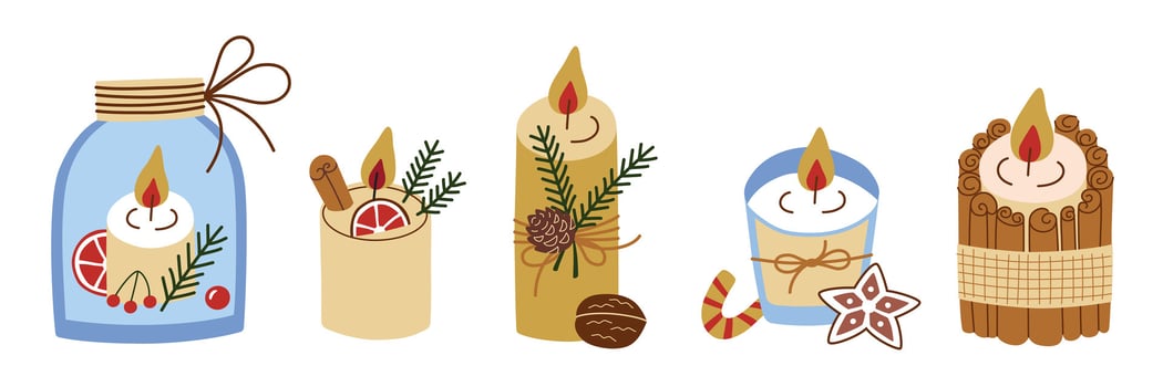 Festive Christmas candles illustrations set, decorated with natural pine, cinnamon, and orange. Perfect for holiday decor, greeting cards, and cozy winter designs. Cozy winter celebration vector