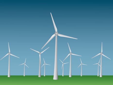 Many cool modern windmills to generate electricity from wind in open field and sky vector