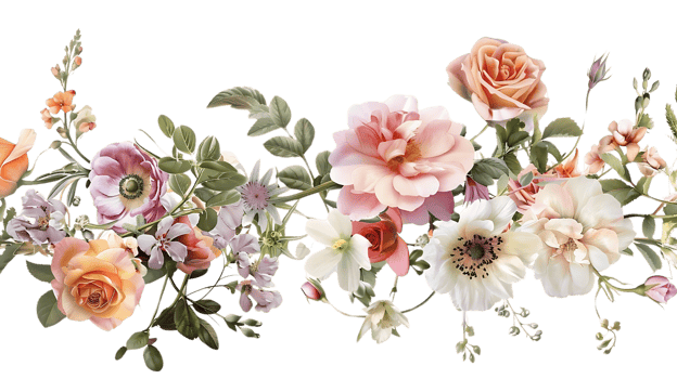 Blooming Floral Garland with Transparent Background,  Pink and Peach Roses with Delicate White Flowers png