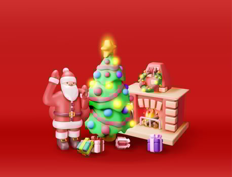 3D red brick new year fireplace and santa claus. vector