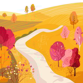 Hill with fields, roadside trees and dirt road. Harvesting. Ripe fields. Hand drawn illustration. Lifestyle. vector
