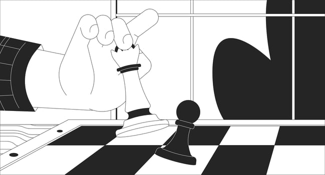 Chess strategy in business black and white 2D illustration concept. Queen chess piece defeating pawn outline cartoon. Checkmate game. Strategic chessboard match metaphor monochrome art vector