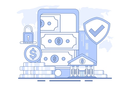 Concept of online banking or saving money online, mobile bill payment, mobile wallet, start-up business project, online survey, business planning. flat illustration on background. vector