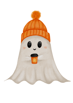 Cozy Sheet Ghost Illustration with Warm Beverage, Perfect for Printable Cards and Winter Decor png