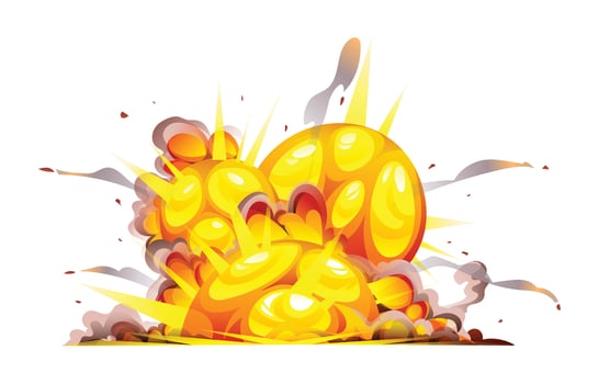 Bomb explosion with bright flames and thick smoke, expanding outward. Cartoon illustration vector