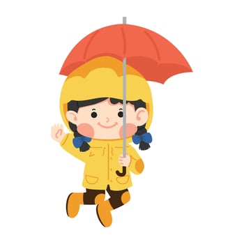 Kid girl in a yellow raincoat jumping under an umbrella vector