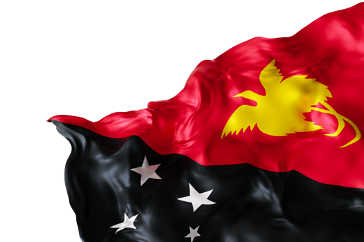 Realistic flag of Papua New Guinea on transparent background. Footer, corner design element. Cut out. Perfect for patriotic themes or national event promotions. 3D render. png