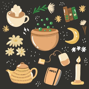 Magical Cozy Autumn Elements with Tea, Books, and Candle vector