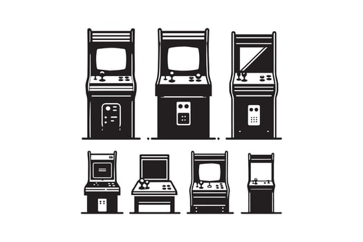 A set of arcade machines in black and white vector