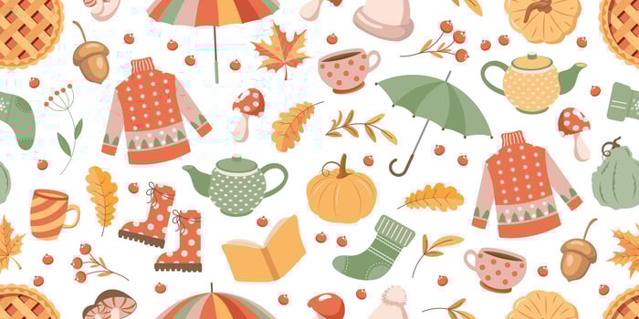 Autumn elements seamless pattern, cute hand drawn seasonal objects. Fall season cozy elements background. Illustration in flat style vector
