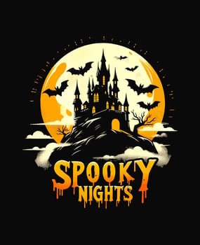Spooky Nights Halloween Design - Haunted Castle and Dripping Text Tshirt Design vector
