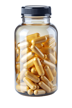 glass bottle with yellow capsules transparent png