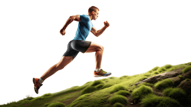 runner sprinting uphill on grassy terrain transparent png