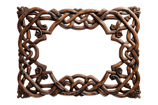 Antique wooden rectangular picture frame isolated on transparent background. Decorative intricate detailed frame design, knot carvings style. , cutout. png