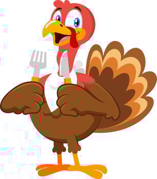 Happy Turkey Cartoon Character With Knife And Fork vector