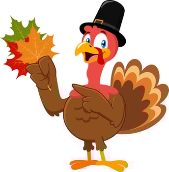 Smiling Pilgrim Turkey Cartoon Character Holding Autumn Leaves vector