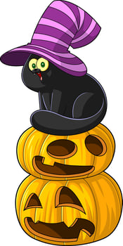 Cute Black Cat Cartoon Character Sitting On Halloween Pumpkins vector