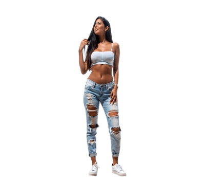 Beautiful young woman posing wearing ripped jeans and looking up png