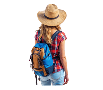 Young woman wearing backpack and straw hat walking away png