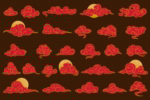 Hand drawn linear oriental clouds. Chinese cloud element collection. Elegant clouds and waves in Japanese style. Asian traditional ornaments. vector