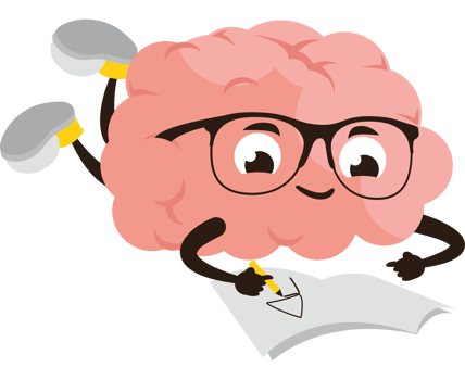 Cartoon brain with glasses writing on paper png