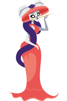 A cartoon skeleton in a pink dress and hat png