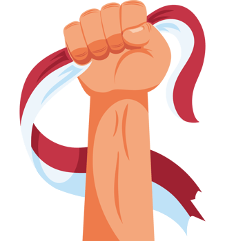 A fist holding a flag with a red and white ribbon png