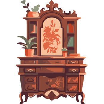 An old wooden dresser with a mirror and plants png