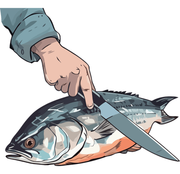 A hand holding a knife over a fish png