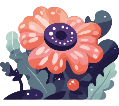 An illustration of a flower with leaves and a purple center png