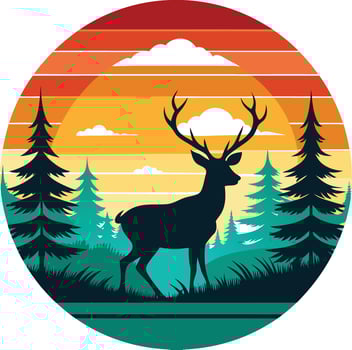 deer in the forest T-shirt design with sunset, in silhouette vector