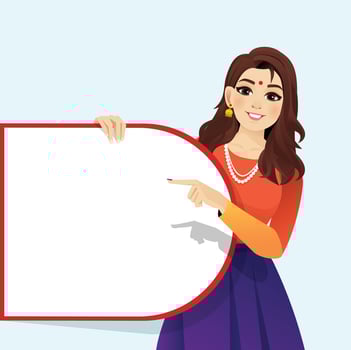 Indian Girl wearing Indian dress showing white board with Background vector