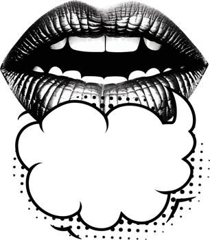 Bold monochrome lips with a blank speech bubble png