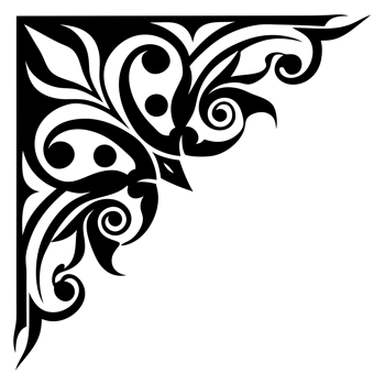 A black and white drawing of a corner with swirls png