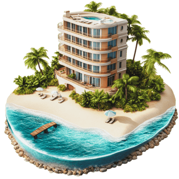 Sunset villa with palms by the beach png
