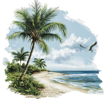 Tropical beach with palm trees and seagull png