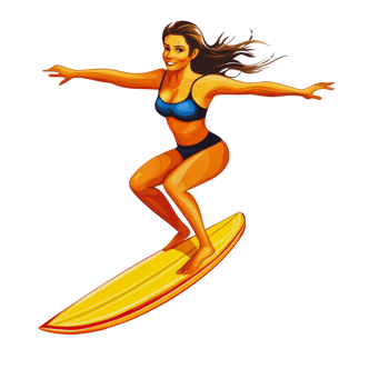 Young woman surfing on a yellow board at the beach png