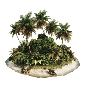 Lush tropical island with palm trees and greenery png