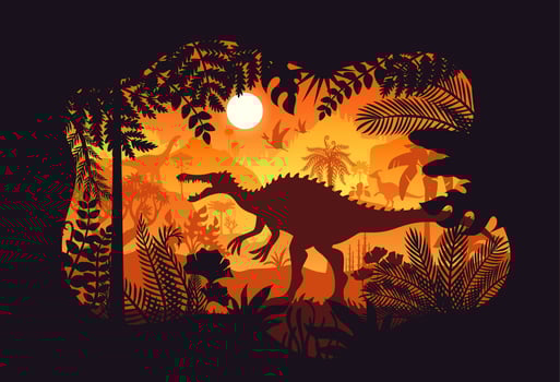 Prehistoric Spinosaurus dinosaur silhouette jungle vector