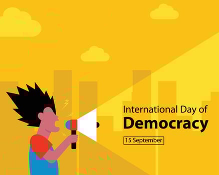 illustration graphic of someone using a megaphone in the middle of the city, perfect for international day, international day of democracy, celebrate, greeting card, etc. vector