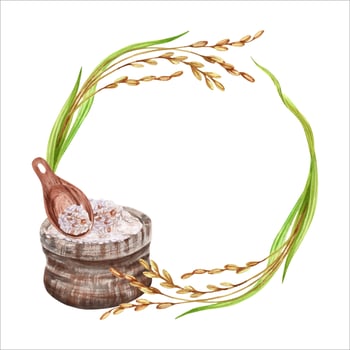Wreath composition with traditional hessian bag and wooden spoon. Natural white rice crop stalks with grains and leaves. Hand drawn watercolor illustration isolated from background. Copy space design vector