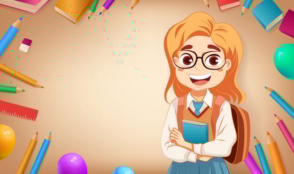 Girl carrying schoolbag background is a lot of stationery horizontal version hand-drawn illustration vector