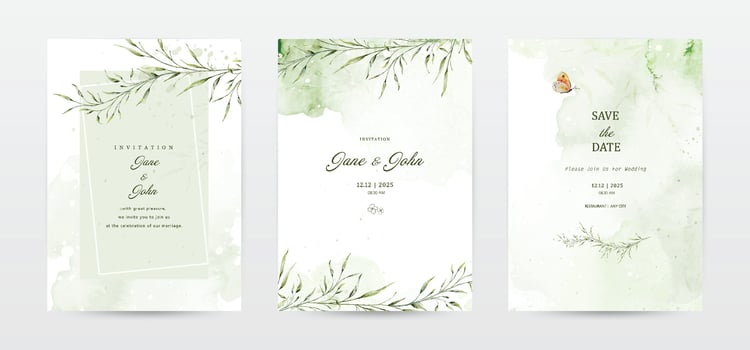Set of green leaves watercolor wedding invitation template cards vector