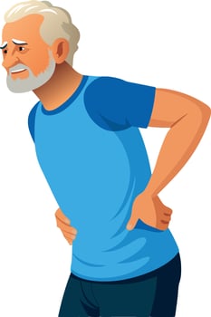 Senior man suffering from back pain while training vector