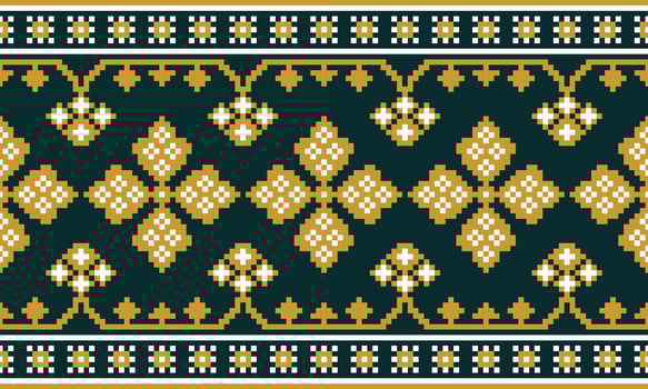 a detailed fabric pattern composed of pixel designs ,dark yellow flowers ,dark yellow and white square on dark green background. vector