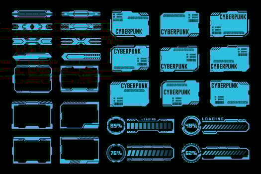 Futuristic Cyberpunk Interface Templates. Neon Blue HUD Elements and Loading Bars Set vector