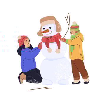 Smiling girl with boy building snowman. Kids playing outdoors on winter holidays. Cute little children having fun in wintertime. Vacation and childhood. Flat illustration isolated vector
