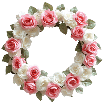Circular Pink and White Rose Wreath with Green Leaves on Transparent background AI-Generative png