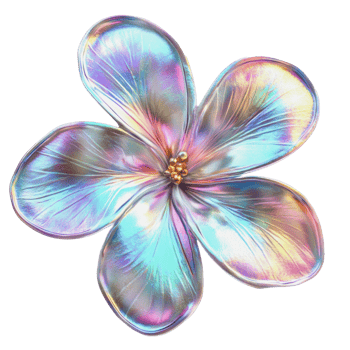 Colorful metallic flower with iridescent petals and golden center displayed on a white background png