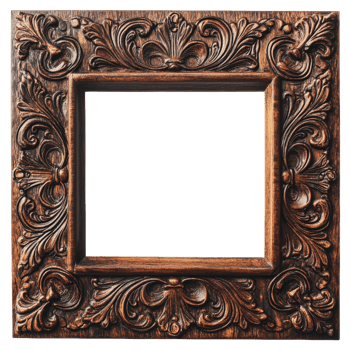 Ornately carved wooden frame with a blank center, perfect for displaying art or photographs png